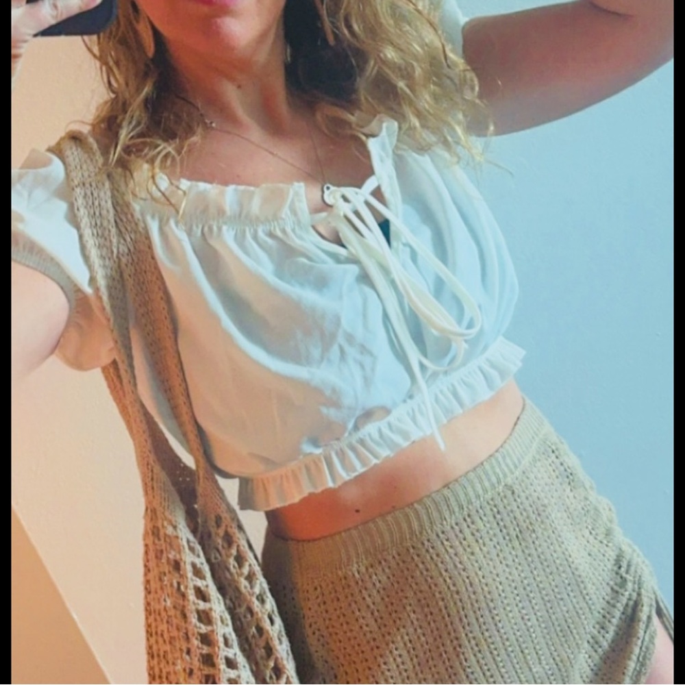 White Cropped Peasant Top with Tie Detail